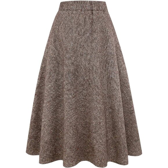 Womens Long Coffee Elastic Waist A-Line Pleated Tartan Long Plaid Wool Skirts - Picture 2 of 6